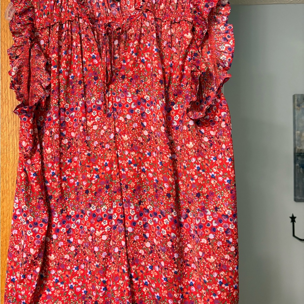 Adrienne Vittadini Red Floral Ruffle Blouse, xl